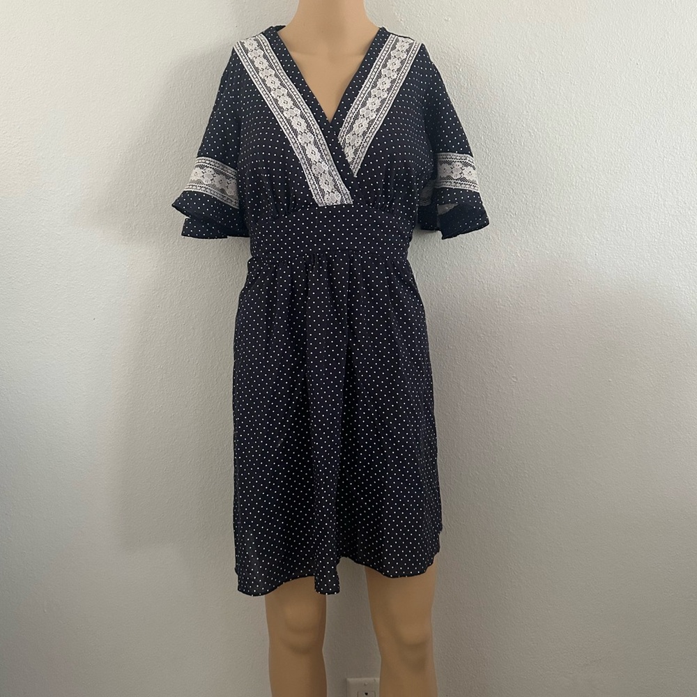 Beetlejuice Style Dress Midnight Navy And White Polka Dot Wendsday Adam’s 40s